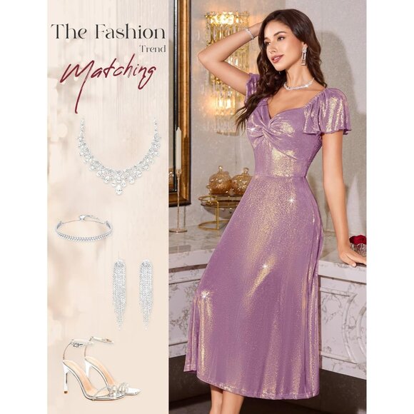 Women Sparkly V-Neck Short Sleeve Formal Dress Long Evening Cocktail - Picture 5 of 6